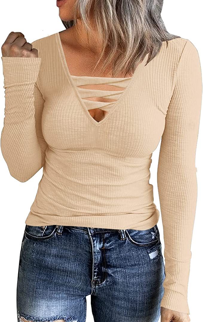 HERILIOS Women Casual Long Sleeve Tunic Tops V-Neck T Shirts Criss Cross Ribbed Casual Tee Slim F... | Amazon (US)