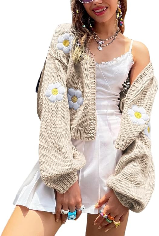 Womens Y2K Cardigan Sweaters Long Sleeve Open Front Cropped Flower Knit Cardigan Aesthetic 90s Sh... | Amazon (US)