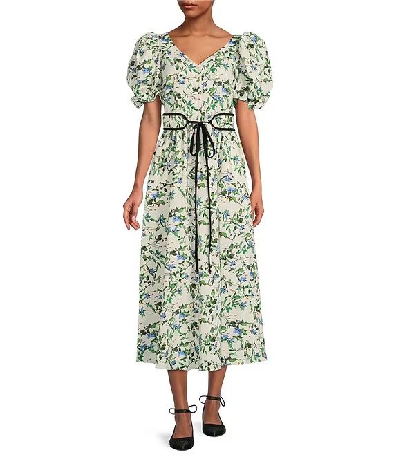 Antonio Melani x Jennifer Sumko Rebecca Tie Waist Short Puffed Sleeve V-Neck Midi Dress | Dillard... | Dillard's