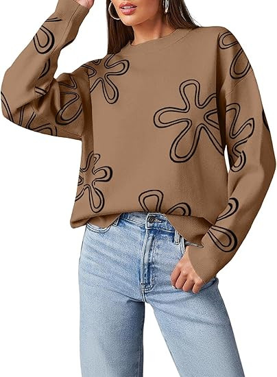 Dokotoo Sweaters for Women Casual Crewneck Long Sleeve Floral Print Cable Knit Pullover Sweater T... | Amazon (US)