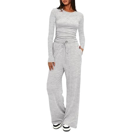 Trendy Queen Women's 2 Piece Matching Lounge Set Long Sleeve Side Ruching Top Wide Leg Drawstring... | Amazon (US)