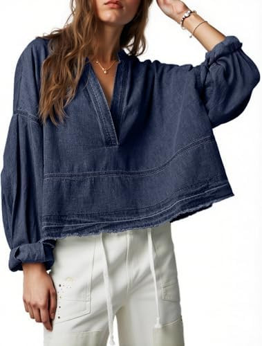 PLNOTME Womens Denim Tops Pullover Trendy Casual V Neck Loose Fit Puff Sleeve Jean Cotton Shirts | Amazon (US)
