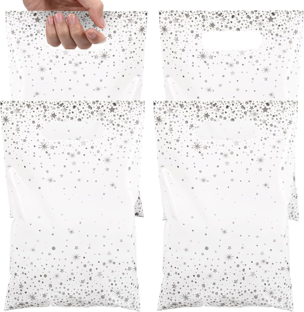 Pasimy 50 Pcs White and Silver Party Favor Gift Bags Die Cut Plastic Treat Goodie Merchandise wit... | Amazon (US)