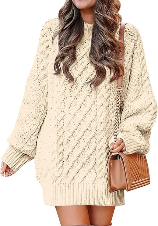 ANRABESS Women Crewneck Long Sleeve Oversized Cable Knit Chunky Pullover Short Sweater Dresses | Amazon (US)