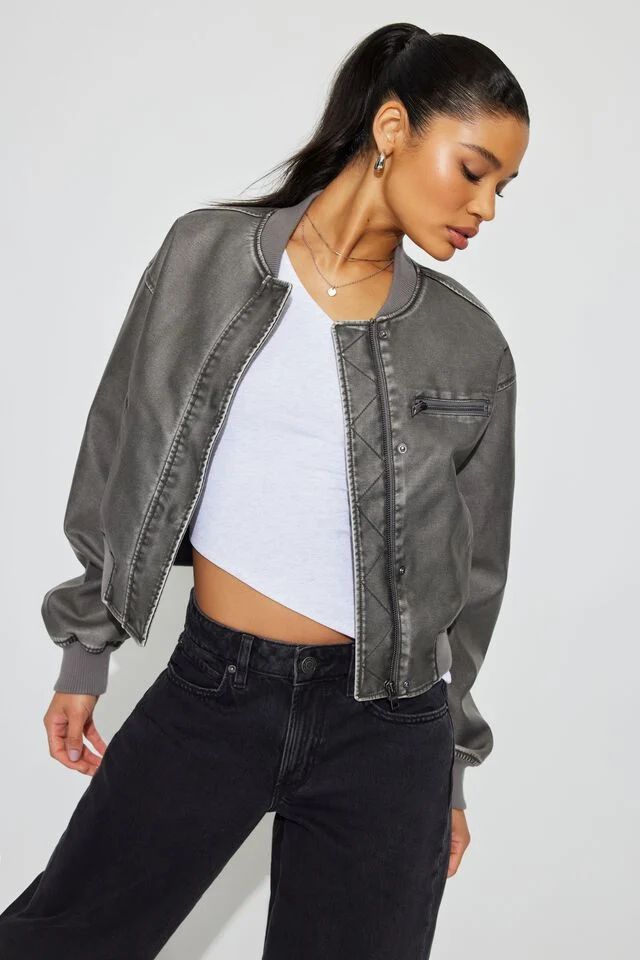 Crop Washed Faux Leather Bomber | Garage Clothing