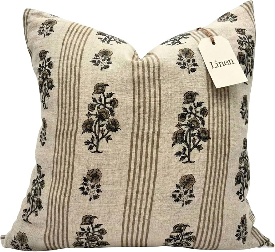 Linen Blue Throw Pillow Covers 18x18 inch Beige Stripe Floral Pillows Spring Decorative Pillow Co... | Amazon (US)