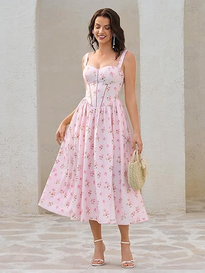 KUTUMAI Floral Corset Midi Dress Flowy Slit Summer Spring Wedding Guest Dresses for Women Sundres... | Amazon (US)