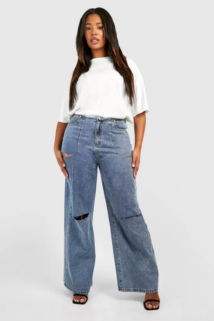 Plus Thigh Ripped Straight Leg Jeans | boohoo (US & Canada)