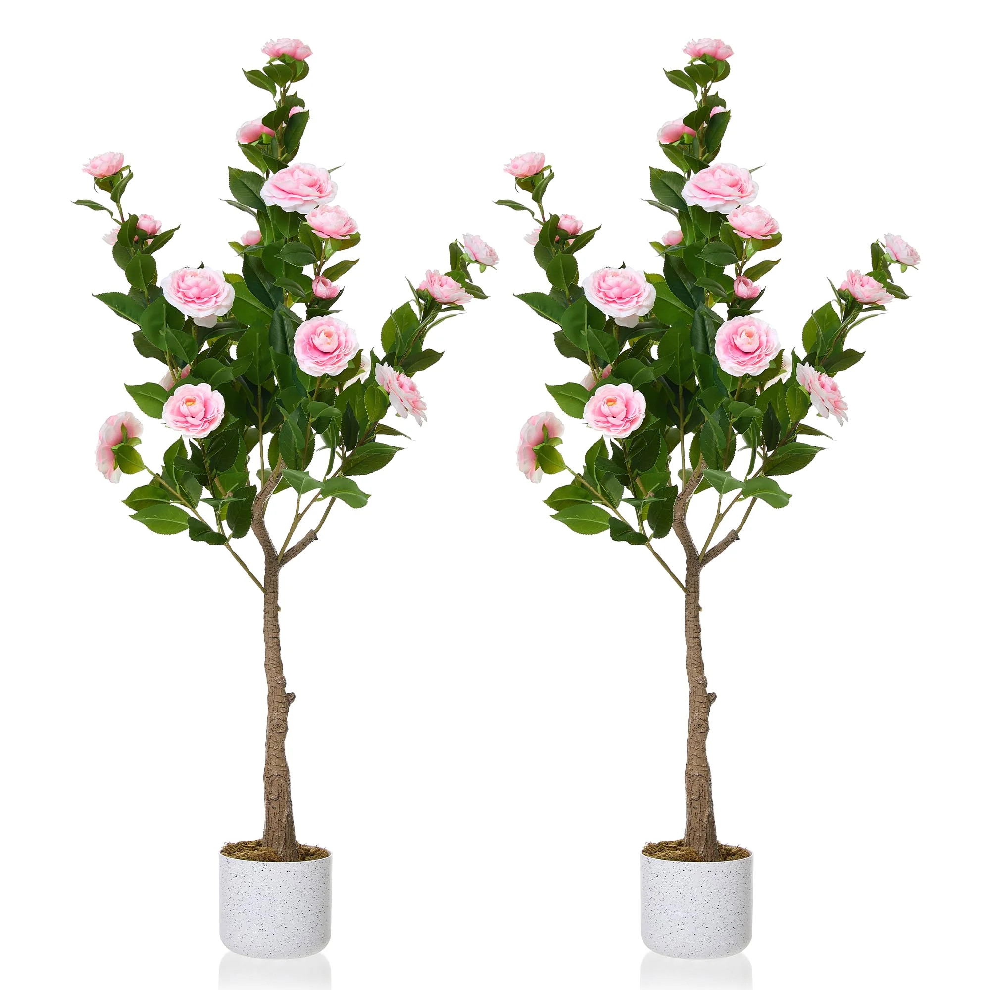 2-Pack 4FT Artificial Camellia Trees with Pink Flowers, Realistic Faux Plants in Pots for Home & ... | Walmart (US)
