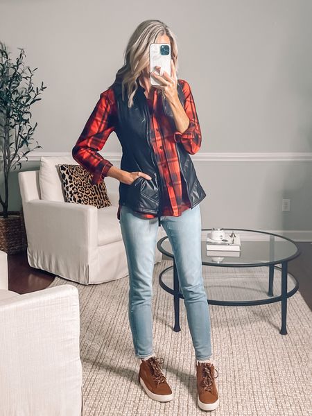 Casual Thanksgiving outfit 
Casual Christmas outfit 
Walmart outfit idea 
Red plaid shirt longer in the back in a small
Black vest 
Walmart jeans 
Comfy Sherpa boots 
Walmart boots
Winter boots



#LTKunder50 #LTKSeasonal #LTKsalealert