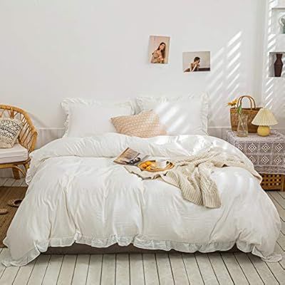 Merryword White Bedding Offwhite Ruffle Duvet Cover Set Ruffle Fringe Design Soft White Bedding S... | Amazon (US)