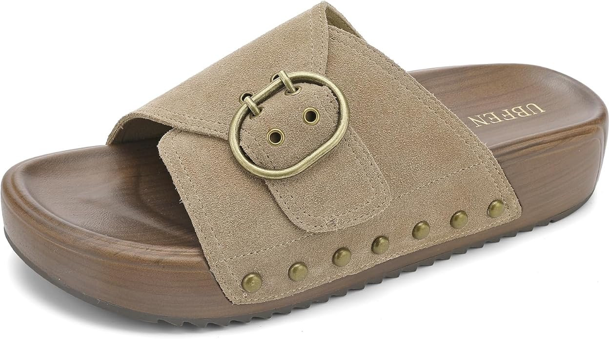 UBFEN Womens Slides Platform Sandals - Genuine Leather, Arch Support Comfortable Buckle Sandals f... | Amazon (US)