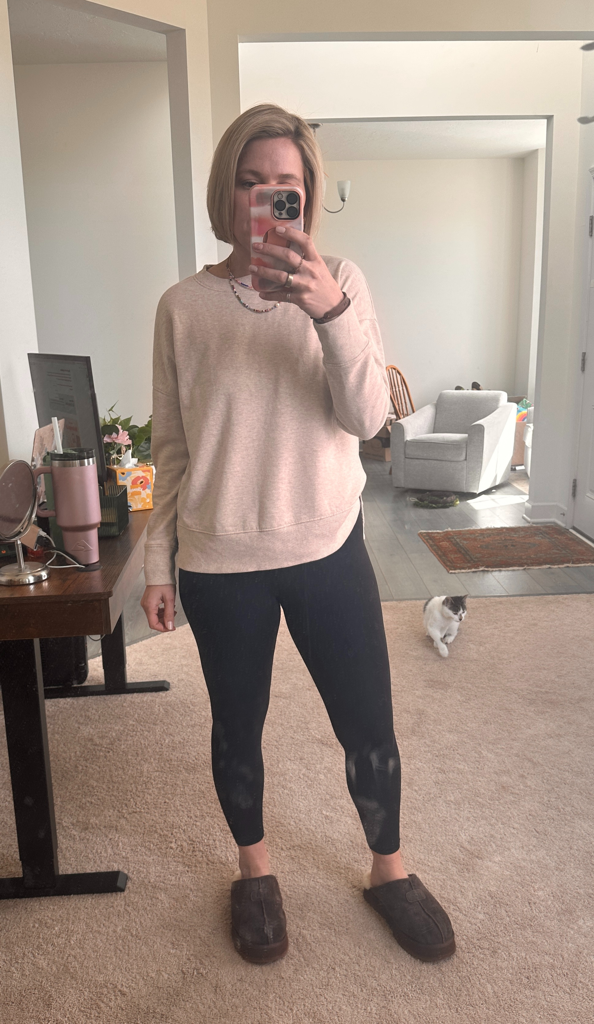 Spring OOTD loving this viral cream sweater from Walmart. Long enough in the back to wear with my favorite black Athleta leggings. Mom OOTD, casual mom outfit 

 #LTKSeasonal #LTKSaleAlert #LTKMidsize