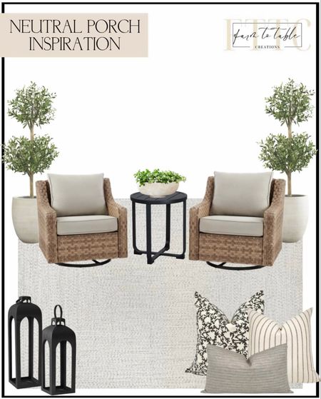 Neutral Porch Inspiration. Follow @farmtotablecreations on Instagram for more inspiration. Better Homes & Gardens. Walmart Finds. Olive Topiaries On Sale. Pillow Combination. Outdoor Lanterns  

#LTKsalealert #LTKunder50 #LTKSeasonal