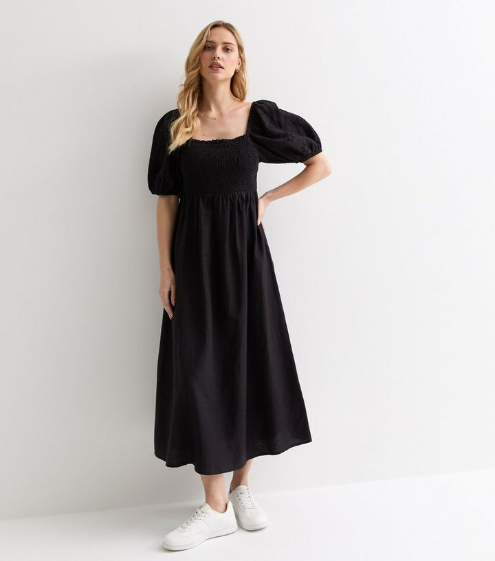 Black Square Neck Broderie Puff Sleeve Midi Dress | New Look | New Look (UK)
