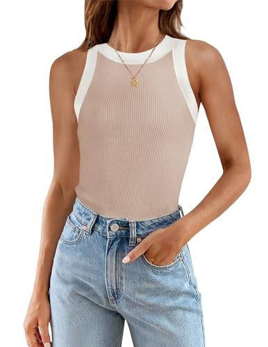 ZESICA Womens 2024 Summer Sleeveless Tank Tops Ribbed High Neck Racerback Slim Fitted Color Block Casual Shirts | Amazon (US)