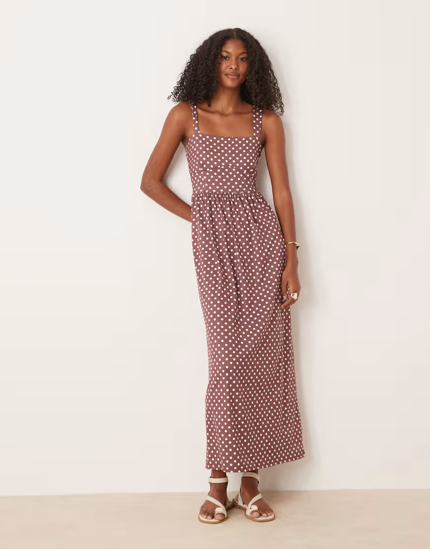 ASOS DESIGN square neck midi dress in brown polka dot | ASOS (Global)