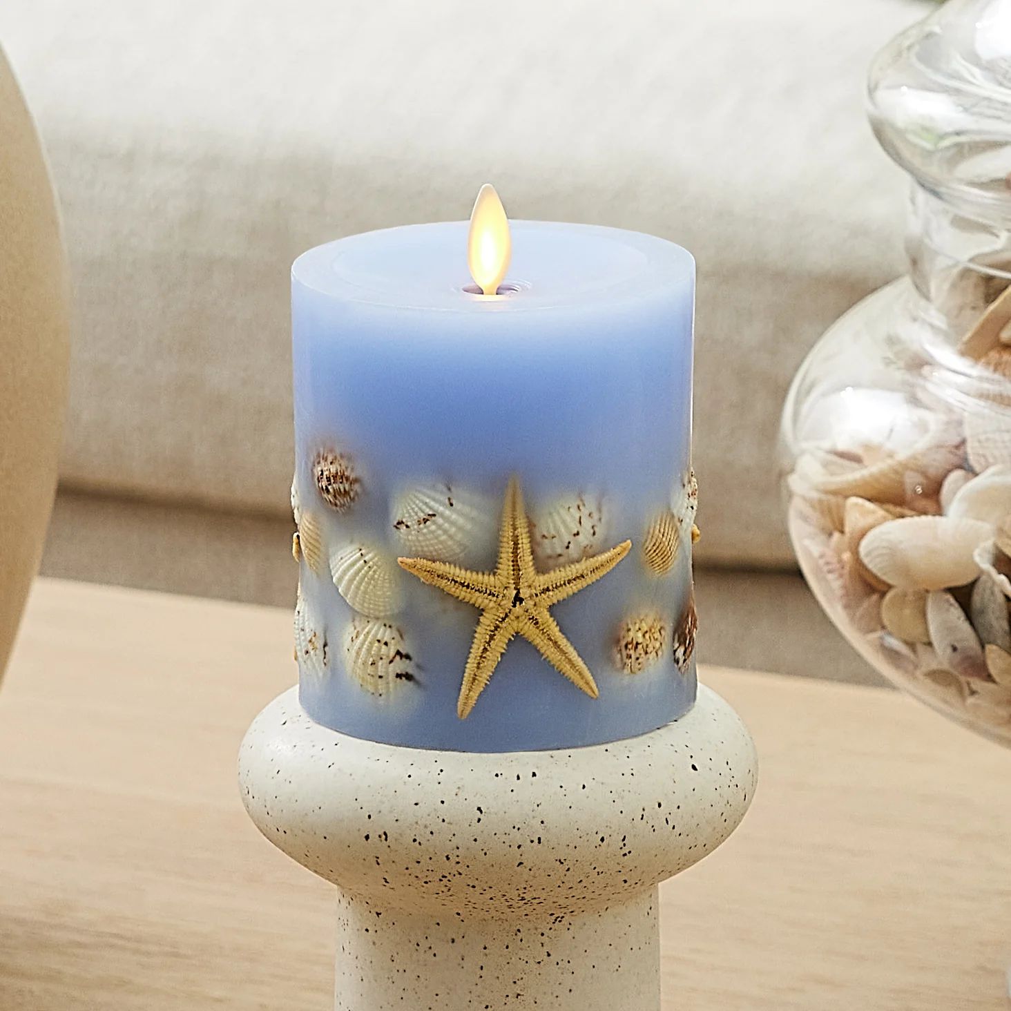Cornflower Embedded Seashell & Starfish Flameless Candle Pillar | Luminara