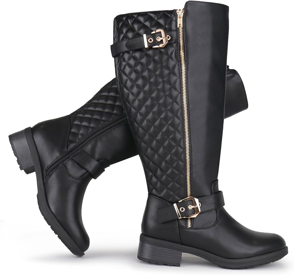 Damen-Reitstiefel mit extra breiter Wade, kniehoch, Retro-Doppelschnalle, schicker Stil, Herbstst... | Amazon (DE)