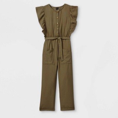 Girls' Button-Front Belted Woven Ruffle Sleeve Jumpsuit - art class™ Green | Target