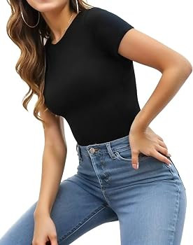 MANGOPOP Women's Round Neck Short Sleeve T Shirts Basic Bodysuits | Amazon (US)