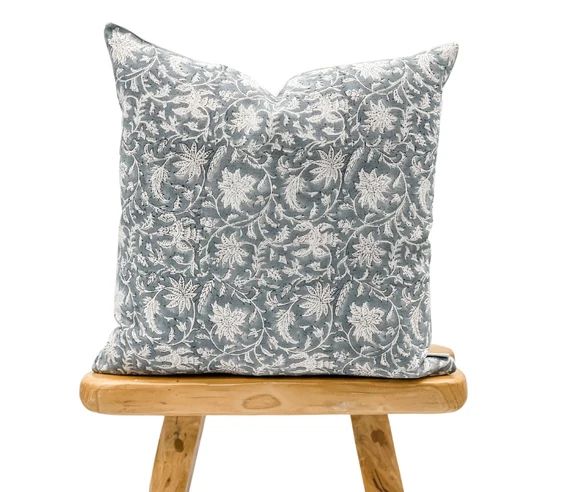Designer Floral Grey-blue on Natural Linen Pillow Cover Grey - Etsy | Etsy (US)