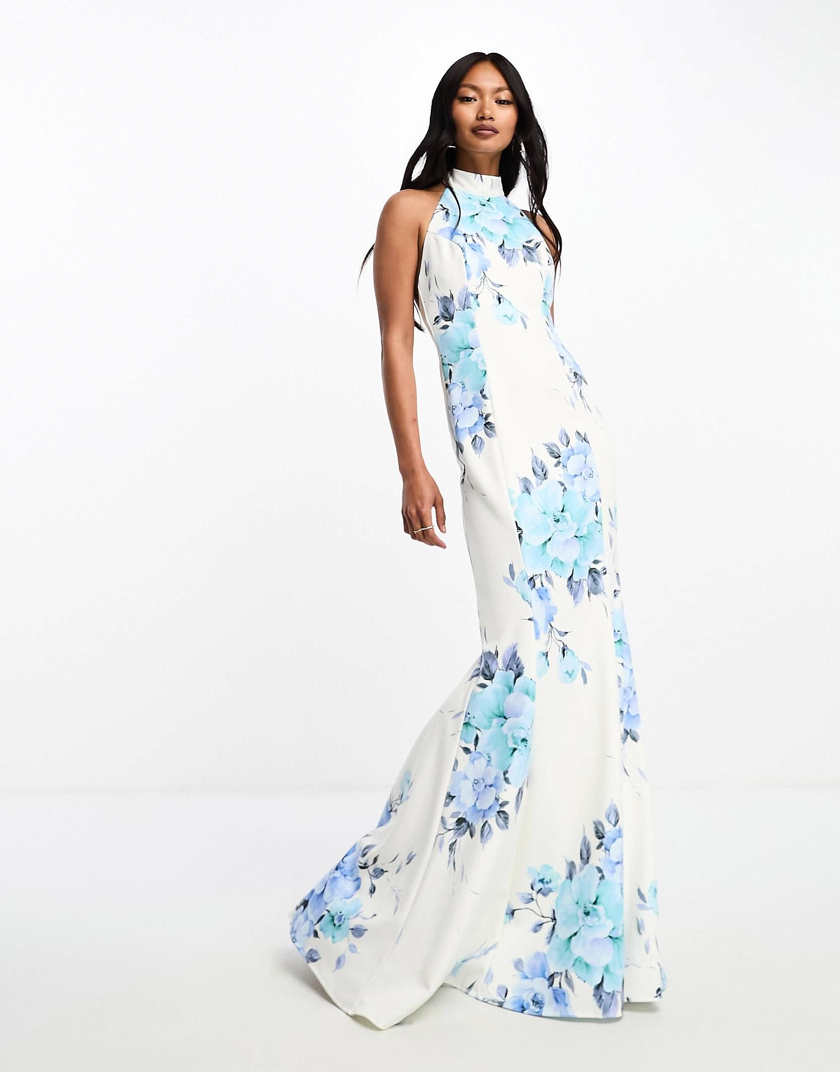 True Violet high neck maxi dress in white and blue floral | ASOS | ASOS (Global)