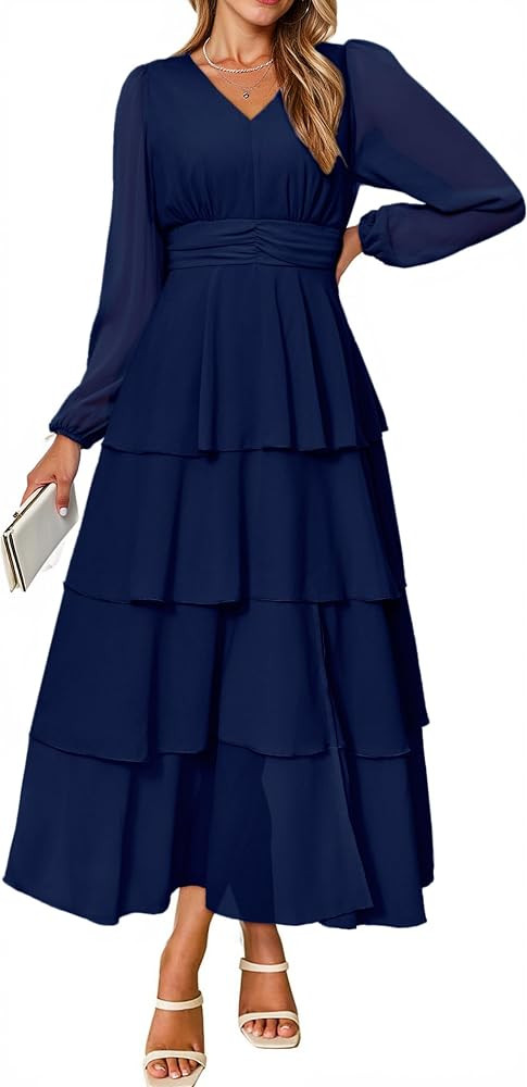 BerryGo Womens Flowy Maxi Dress Chiffon Long Sleeve Slit V Neck Casual Ruffle Tiered Boho Fall We... | Amazon (US)