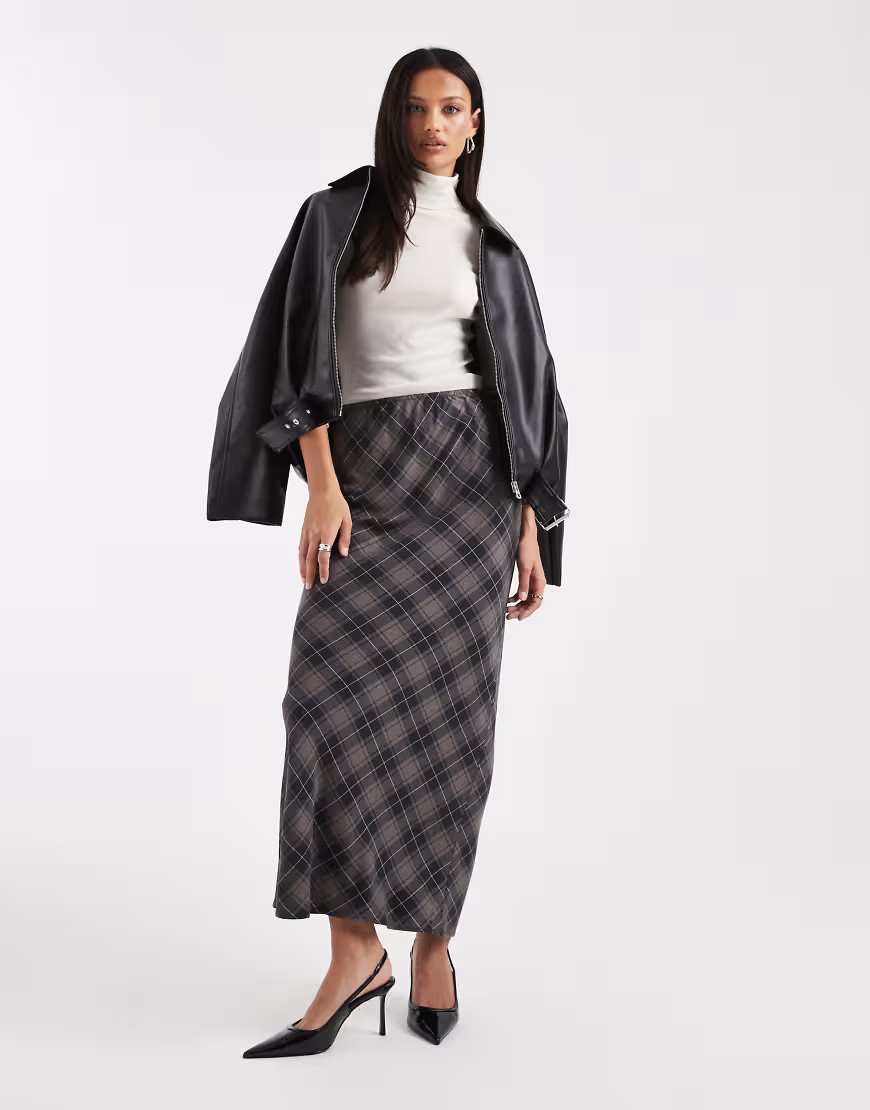 ASOS DESIGN bias maxi skirt in brown brushed plaid-Multi | ASOS (Global)