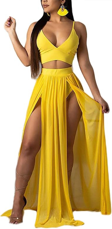 Women Sexy 2 Piece Outfits Dress Chiffon Strap Deep V Neck Bra Crop Top High Split Maxi Dresses Skir | Amazon (US)
