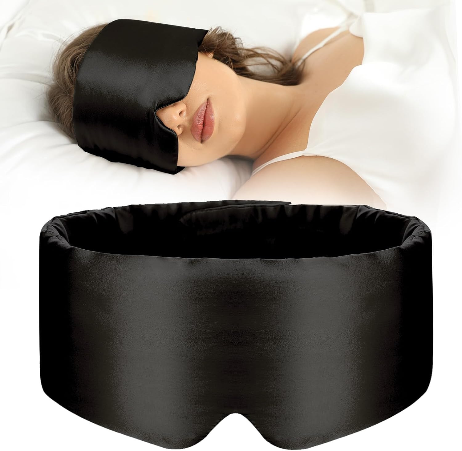 100% Mulberry Silk Sleep Mask Eye Mask for Women Man with Adjustable Band, for Side Sleeper Blackout Sleep Mask for Travel Rest and Office Large Size (Black) | Amazon (US)