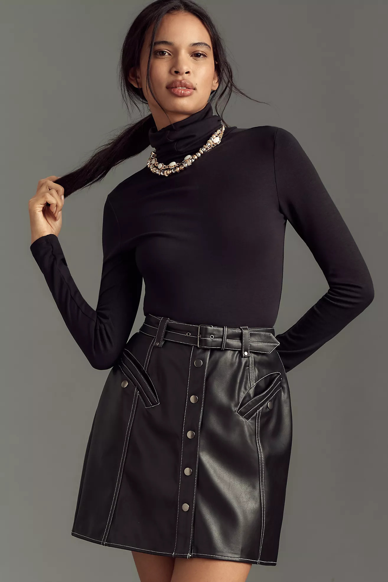 Maeve Faux-Leather Button-Front Belted Mini Skirt | Anthropologie (US)