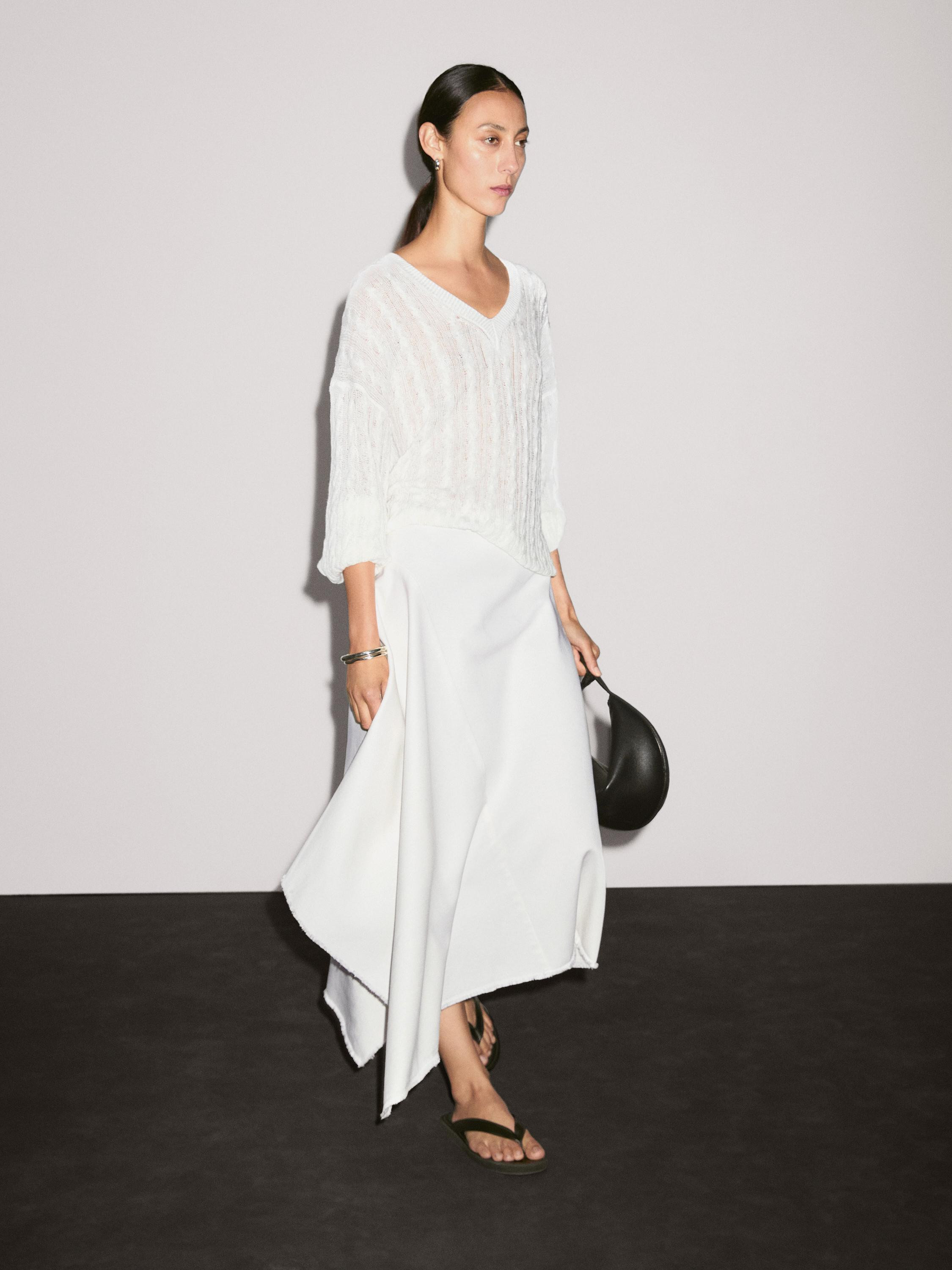 Asymmetric denim midi skirt | Massimo Dutti UK