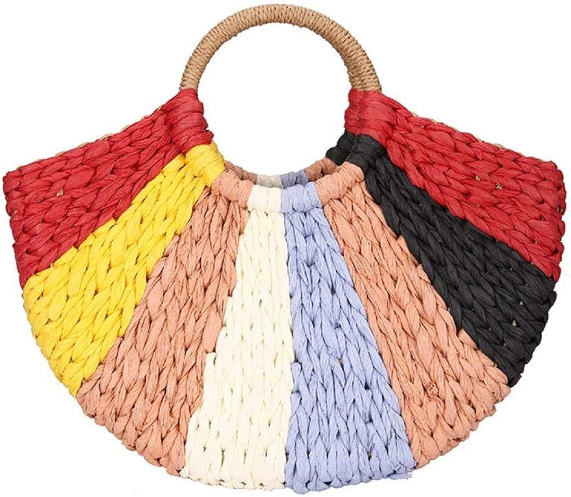 Women Straw Bag,Colorful Hand-woven Rattan Tote Clutch Handle Bag Retro Summer Beach Tote Bags Wi... | Amazon (US)