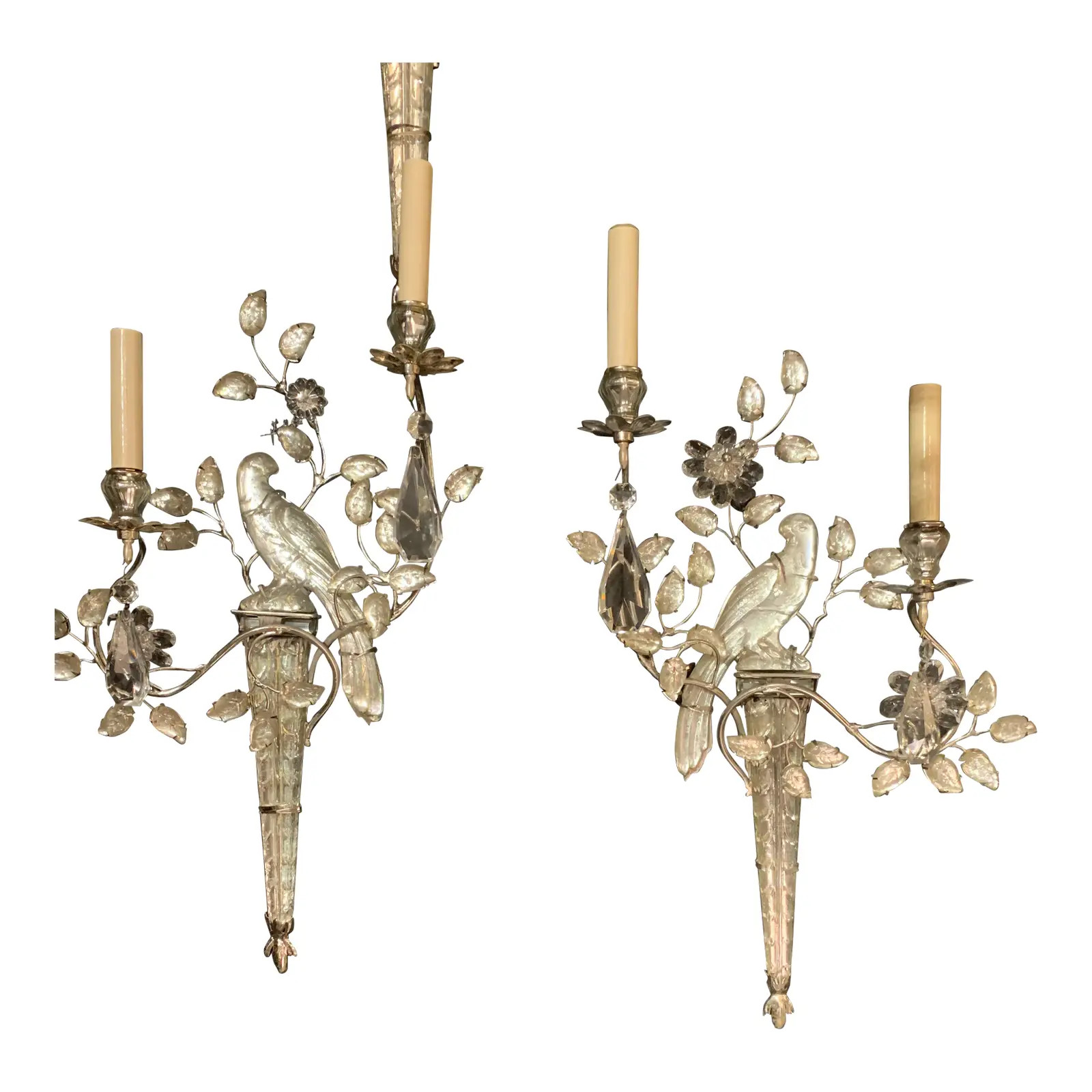 1930's French Silver Plated Sconces With Crystal Birds - Pair | Chairish
