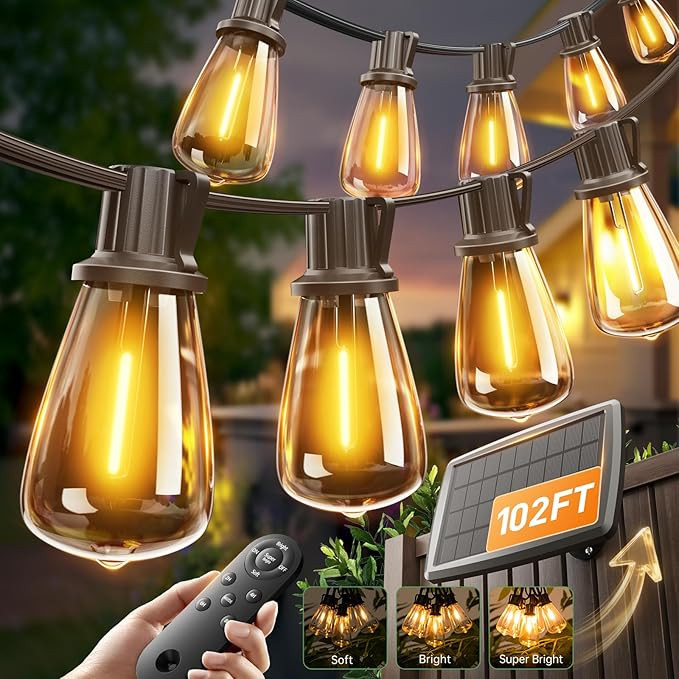 addlon 102FT(96+6) Solar String Lights Outdoor with Remote, Waterproof Patio Lights with 30 Shatt... | Amazon (US)