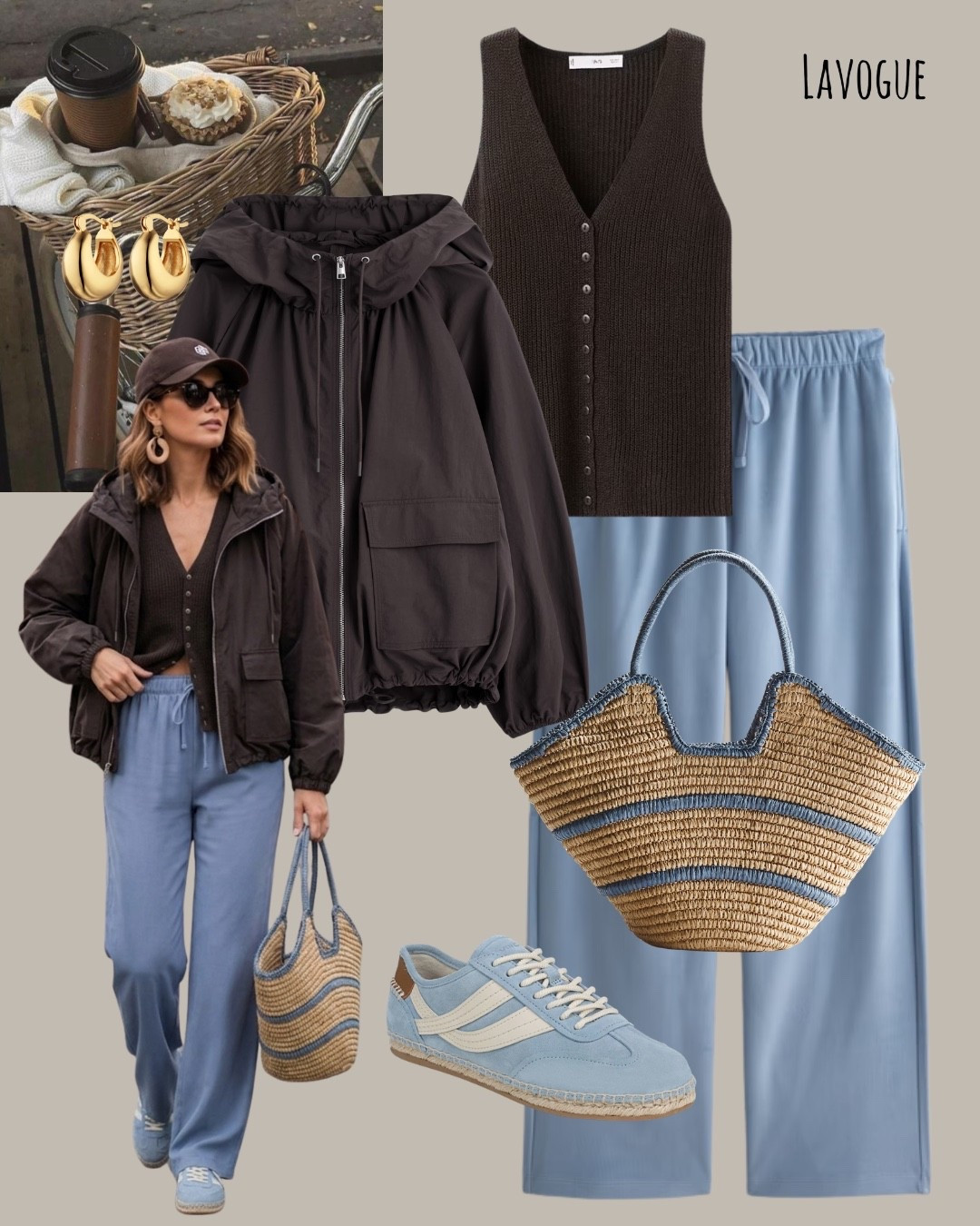 Blue satin pants paired with a brown sleeveless top and matching jacket for that sleek, balanced vibe. Finished with a natural fiber bucket bag and blue sneakers—effortless with a cool edge ✨ 
Shop Below 👇🏼 
#LTKStyle #ChicCasual #OutfitInspo

#LTKootd #LTKSeasonal #LTKTravel
