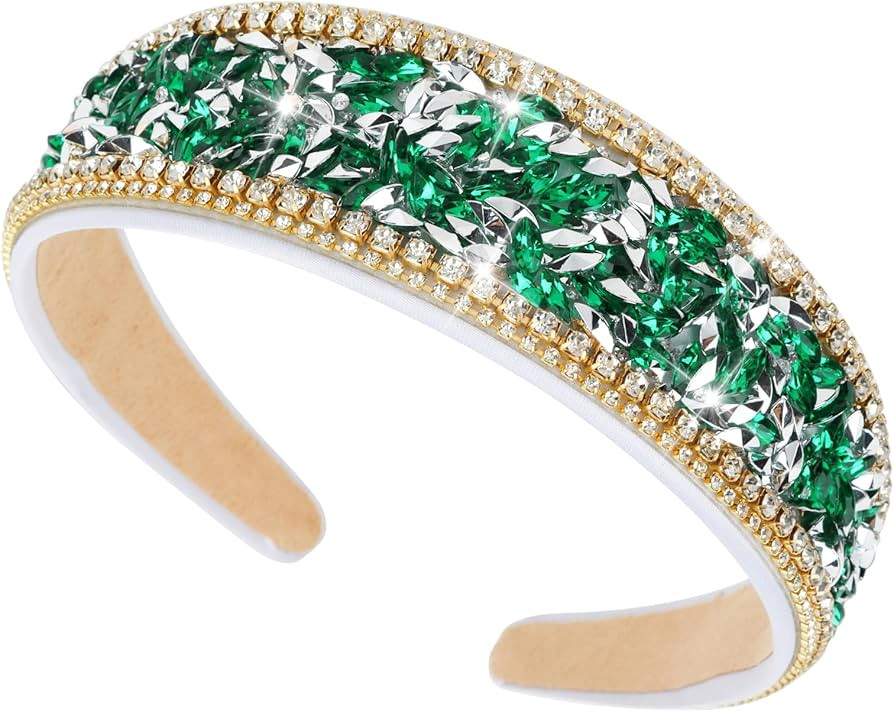 Wecoe 1pc Green Rhinestone Headband Women 1.6 Inch Wide Headband Fancy Sparkly Bling Diamond Head... | Amazon (US)