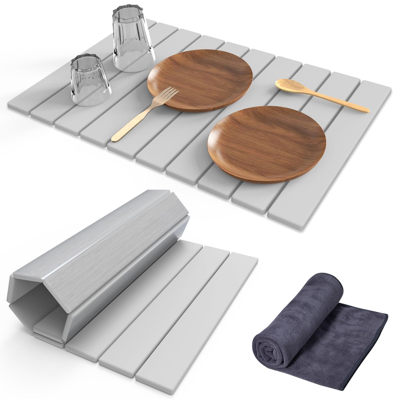 Stone Dish Drying Mat for Kitchen Counter,24"(L)×16"(W) Collapsible Fast-Drying Diatomaceous Ear... | Amazon (US)