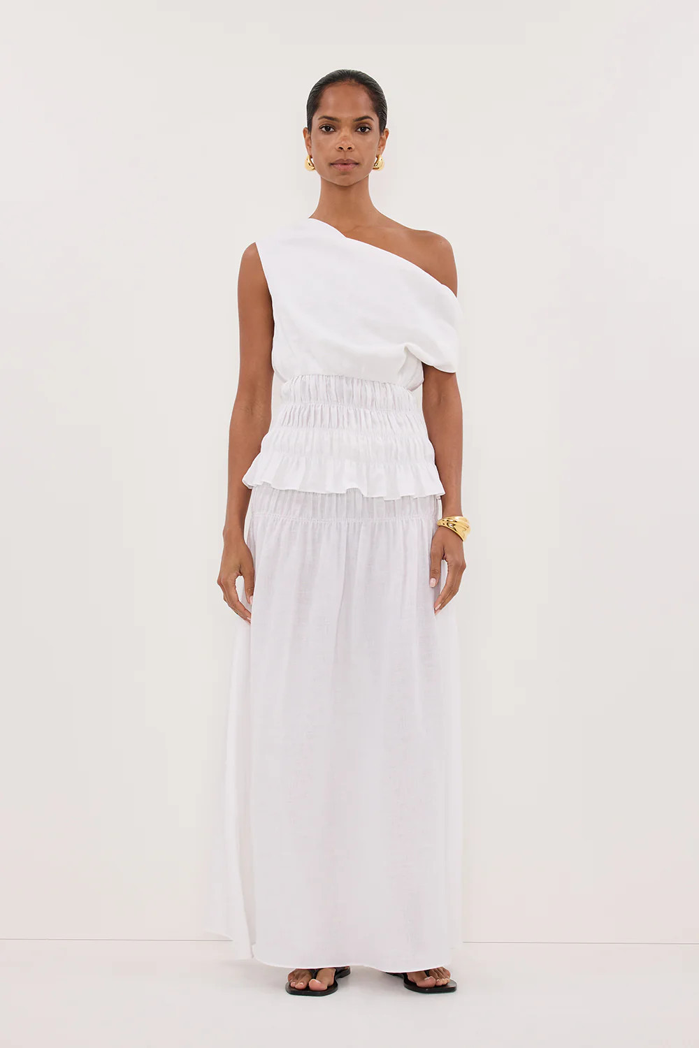 MAIA WHITE SLEEVELESS LINEN SHIRRED TOP | DISSH