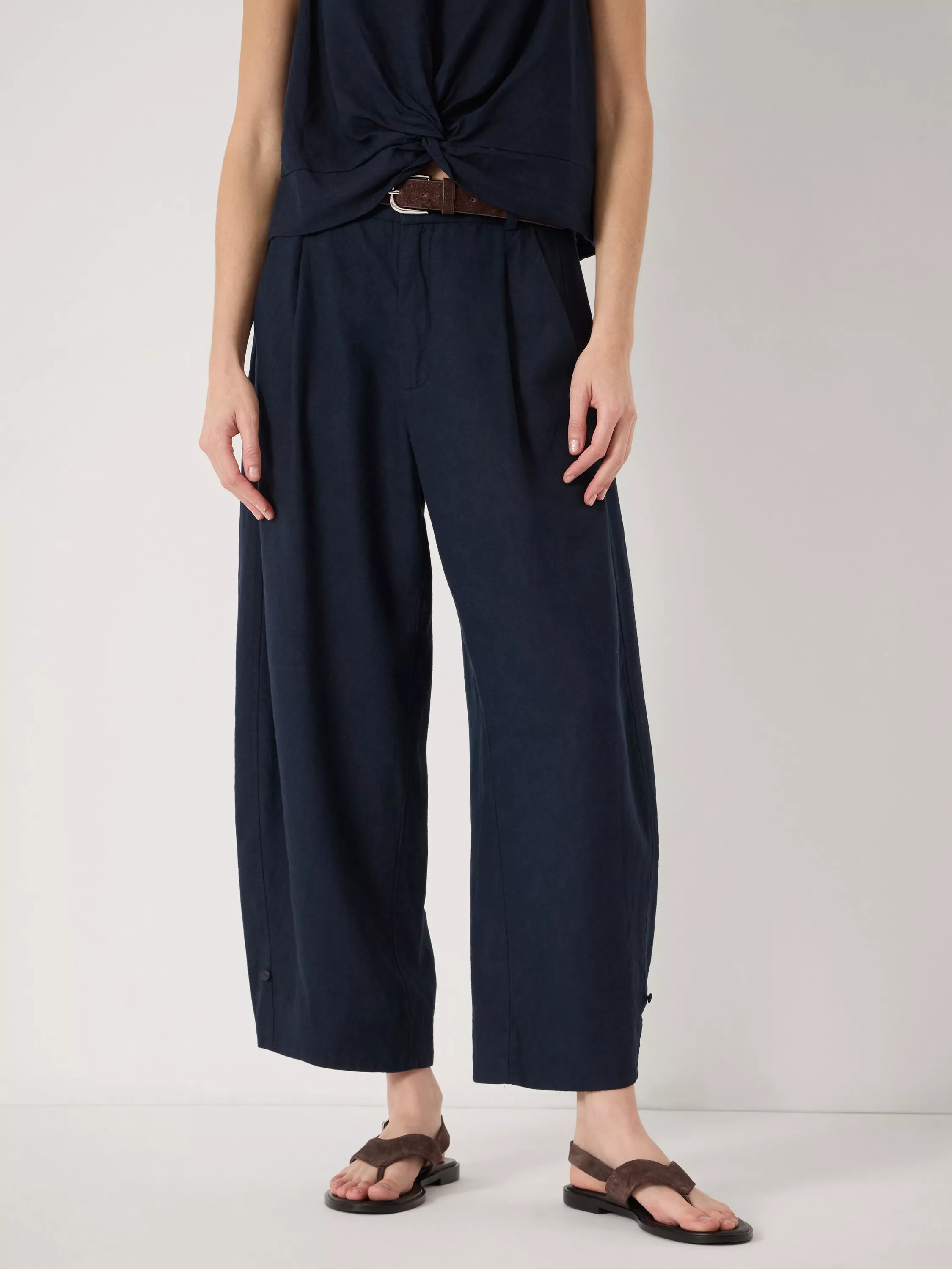 Dania Linen Blend Barrel Leg Trousers containing LENZING™ ECOVERO™ Viscose, Dark Navy | John Lewis (UK)
