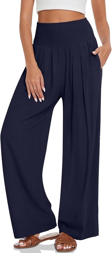 UEU Women's Linen Palazzo Pants Wide Leg High Waisted Lounge Casual Beach Pants with Pockets | Amazon (US)