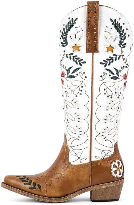 sexytag Women’s Floral Embroidered Western Boots Knee High Studded Cowgirl Boots Side Zipper Co... | Amazon (US)