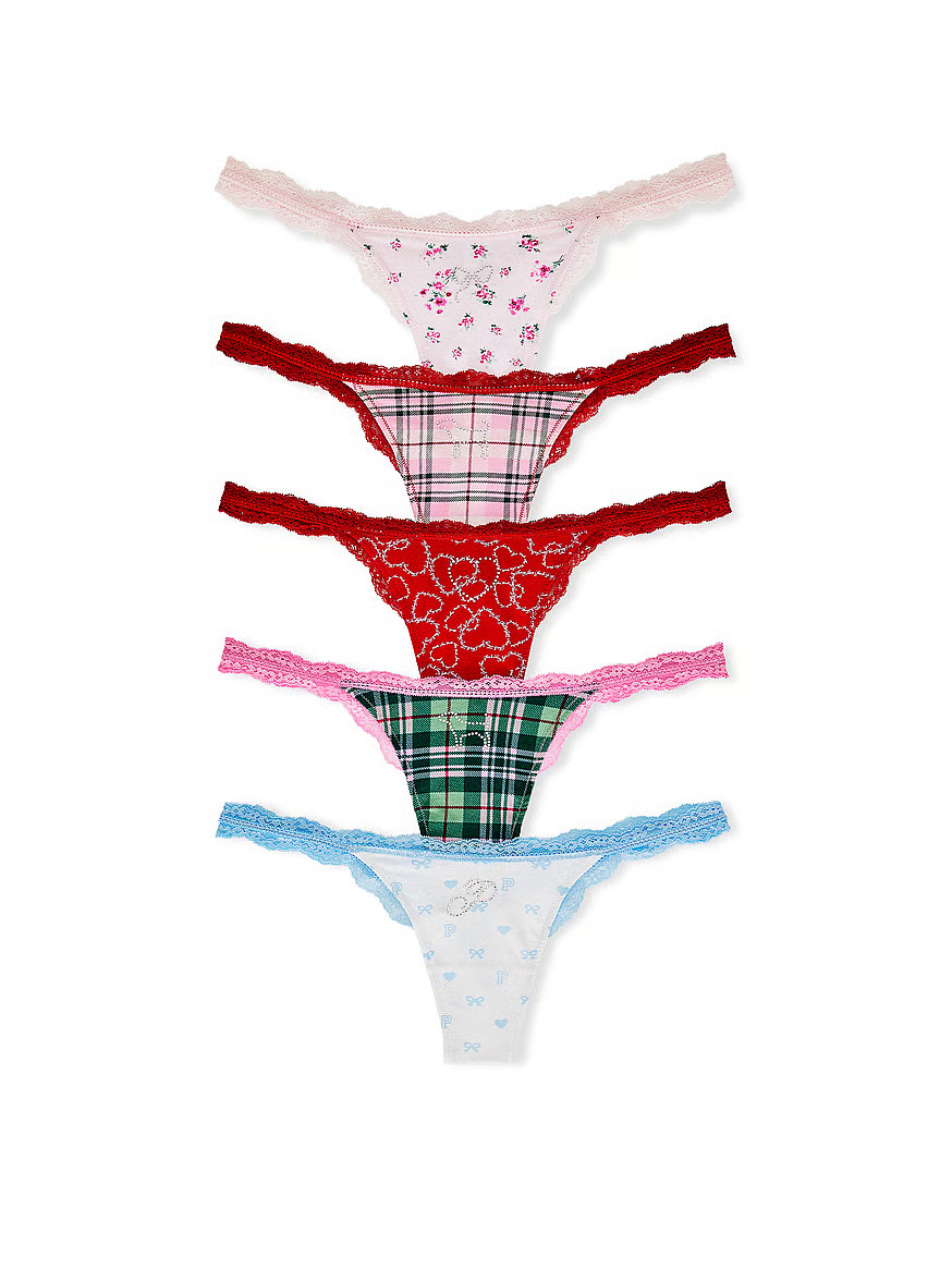 Buy PINK x LoveShackFancy Holiday Bling 5-Pack Thong Panties, Bling Graphic Pack - Order Panties ... | Victoria's Secret (US / CA )
