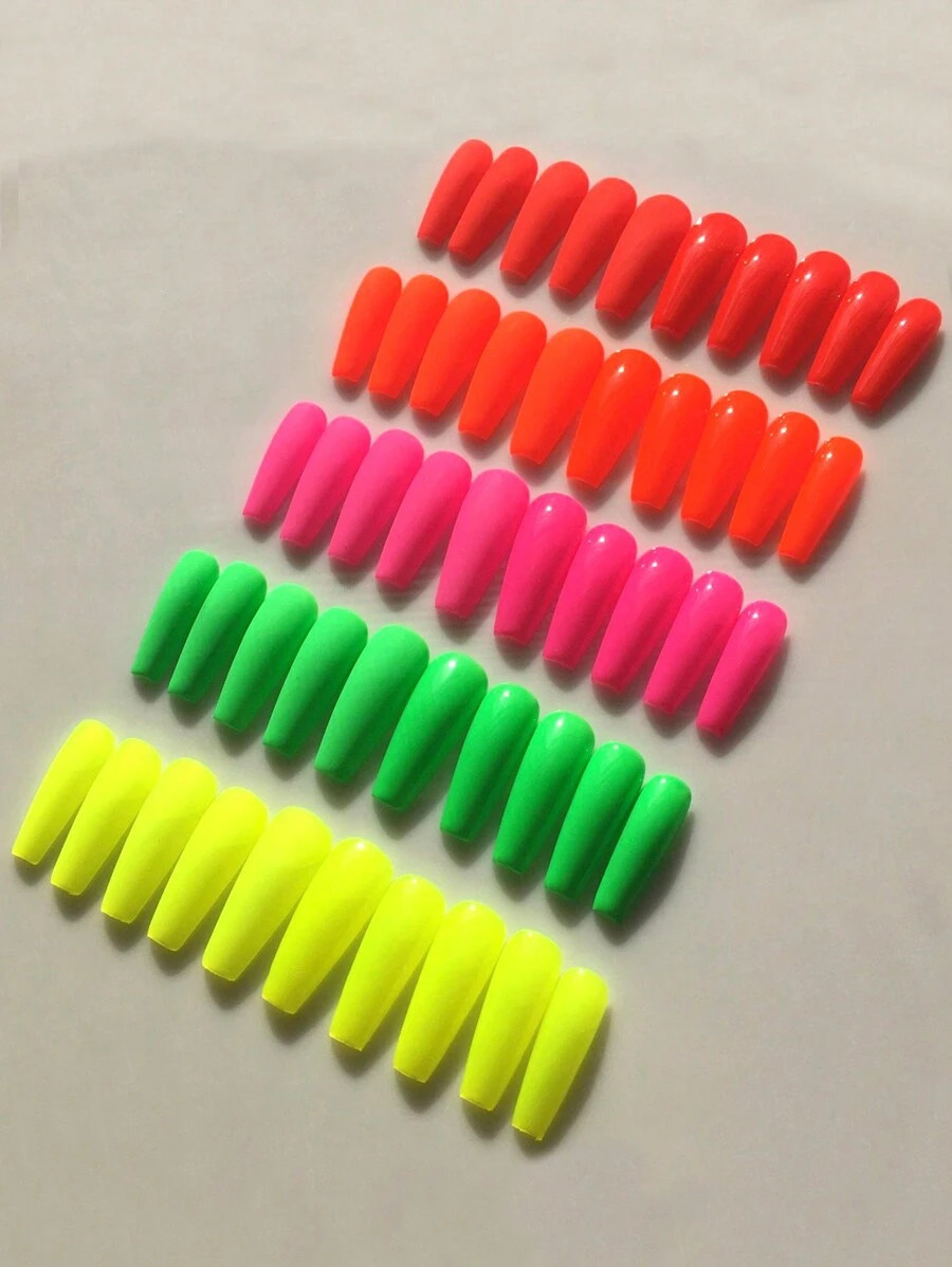 120PCS/5Style Red/Yellow/Rose Red/Green/Orange Medium Ballerina Full Cover Fake Nail Set - Solid ... | SHEIN