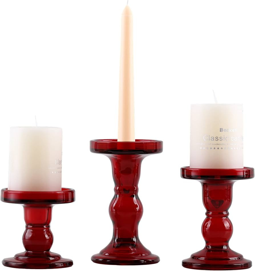 GMWD 3 Pcs Red Glass Candle Holder Set Clear, Christmas Candlesticks Holders Pillar Taper Candles... | Amazon (US)