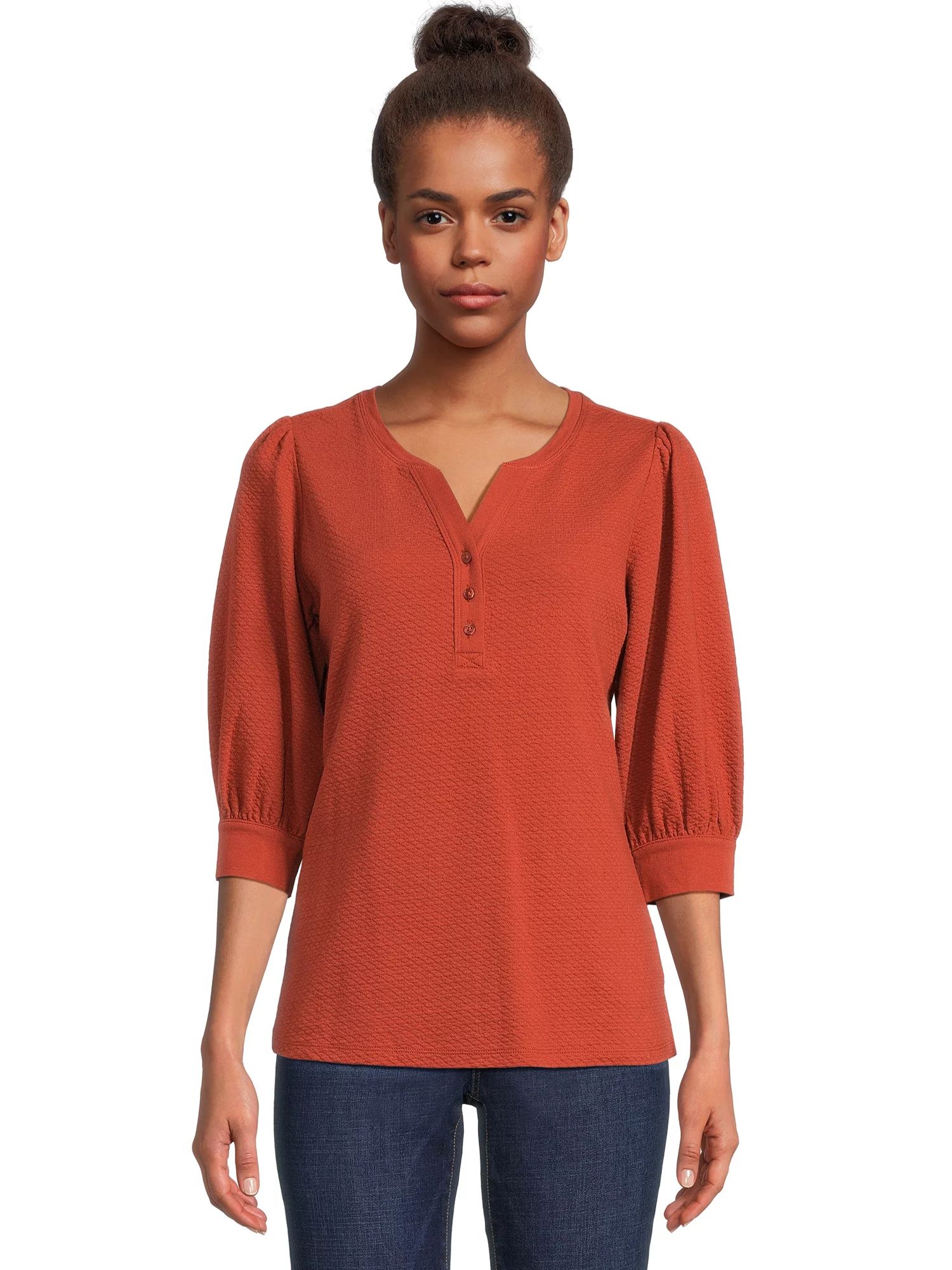Time and Tru Women's Quilted Top with ¾-Length Puff Sleeves, Sizes XS-XXXL | Walmart (US)