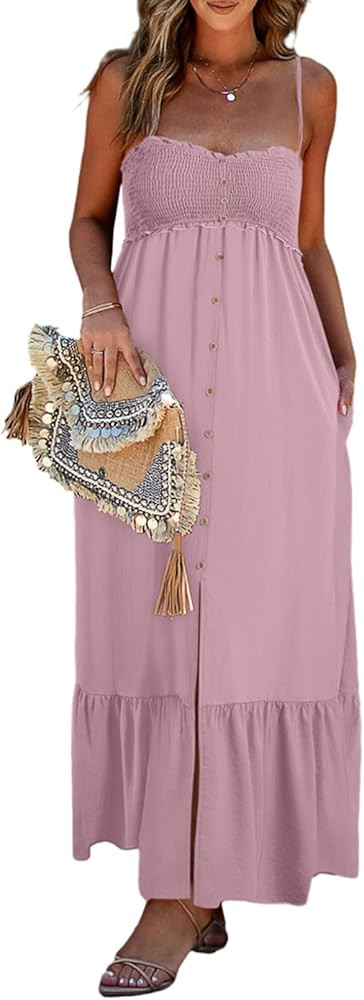 Dokotoo Womens Summer Dresses 2024 Sleeveless Spaghetti Strap Button Down Smocked Beach Long Maxi... | Amazon (US)