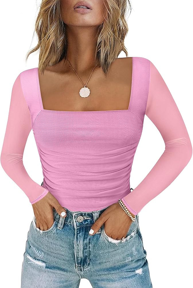 Chunpin Women's Bodysuits Square Neck Long Sleeve Bodysuits Mesh Ruched Thong Body Suit Outfits G... | Amazon (US)