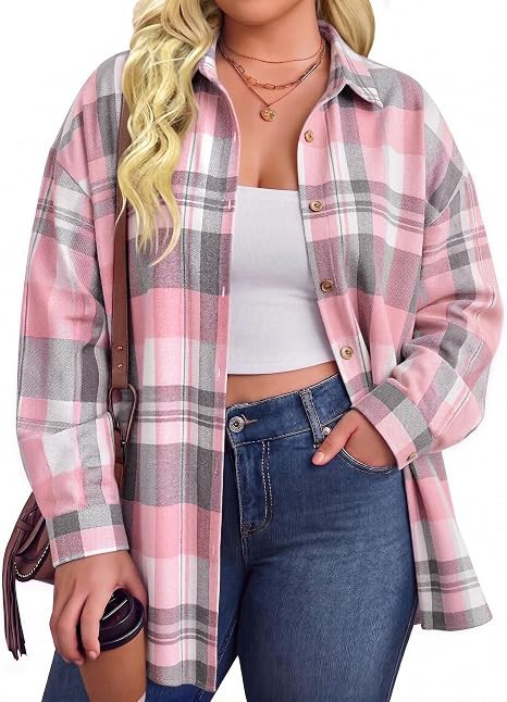 IN'VOLAND Women Plus Size Flannel Shirts Long Sleeve Plaid Button Down Tops | Amazon (US)